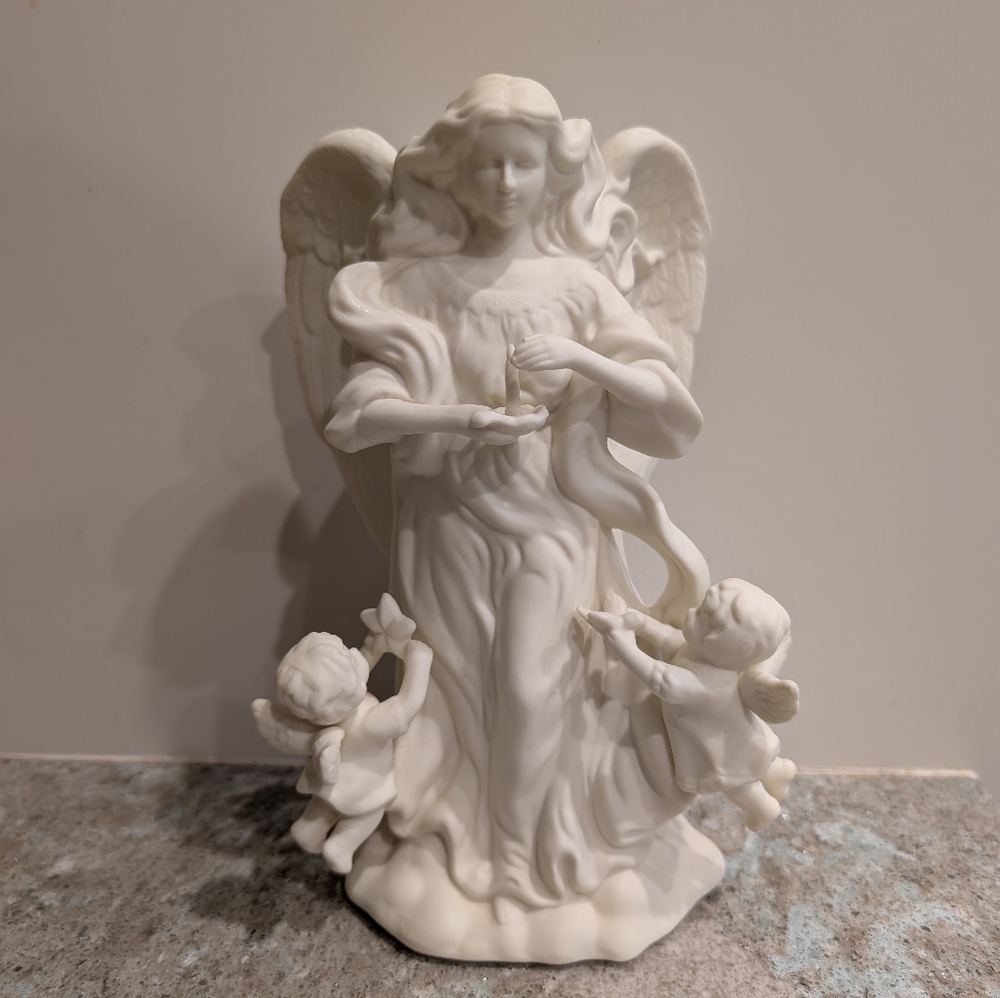 PartyLite Angel of Light Cherubs Angel Holding Candle Dove Star Taper Bisque